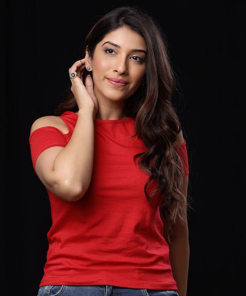 Cold Shoulder Crew Neck Red T-shirt